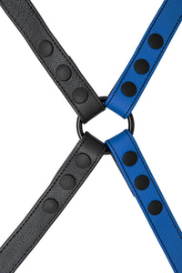 Blue leather shoulder buckle harness back