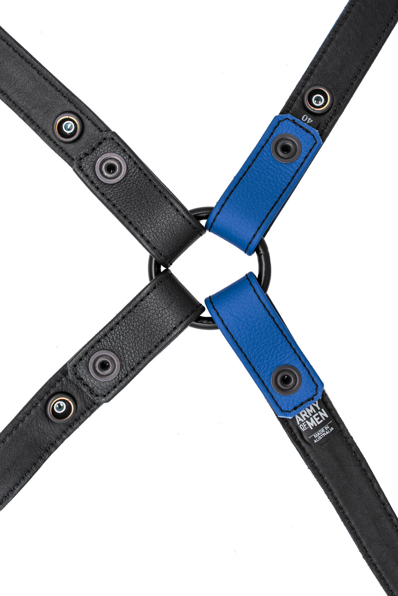 Blue leather shoulder buckle harness lining back