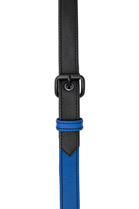 Blue leather shoulder buckle harness front
