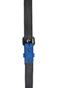 Blue leather shoulder buckle harness lining front