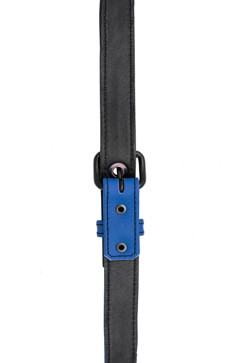 Blue leather shoulder buckle harness lining front