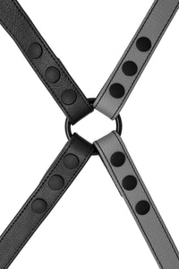 Grey leather shoulder buckle harness back
