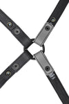 Grey leather shoulder buckle harness lining back