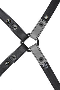 Grey leather shoulder buckle harness lining back
