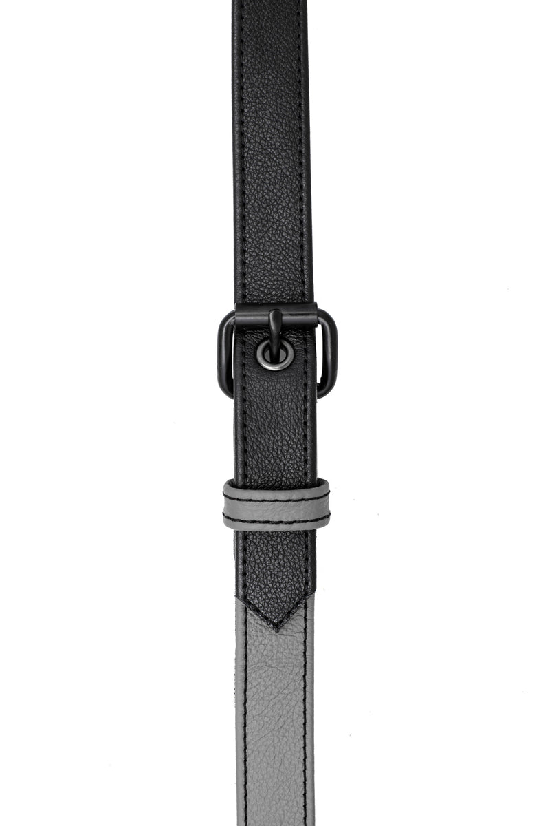 Grey leather shoulder buckle harness front
