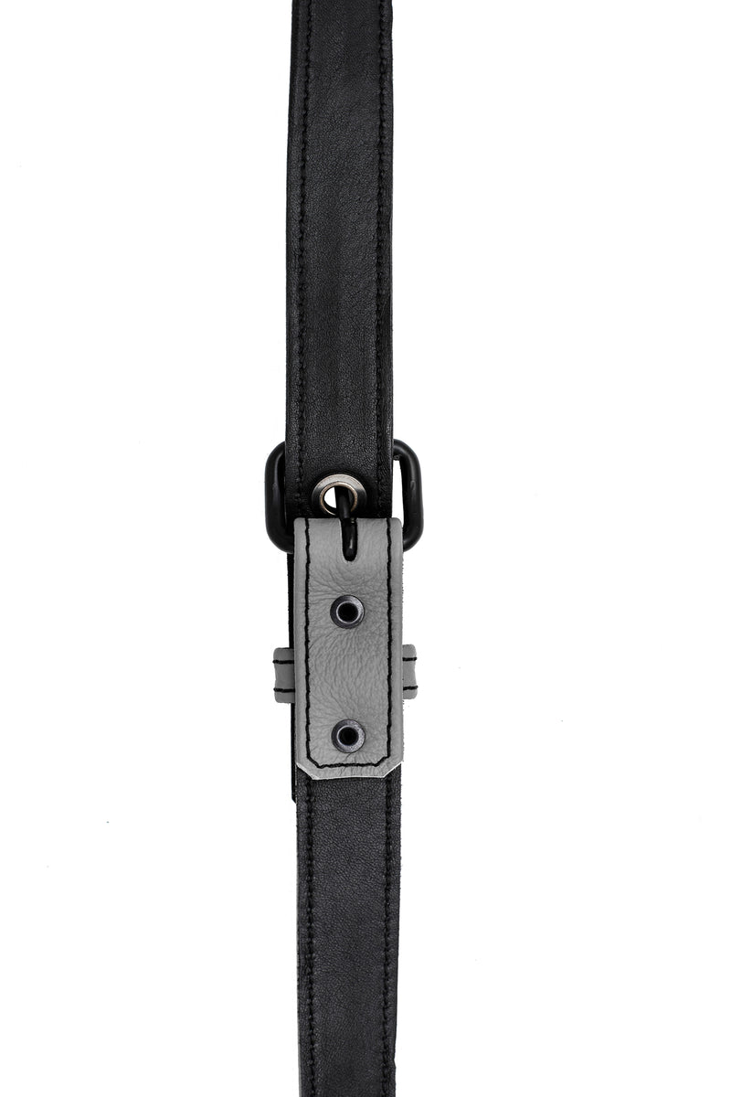 Grey leather shoulder buckle harness lining front