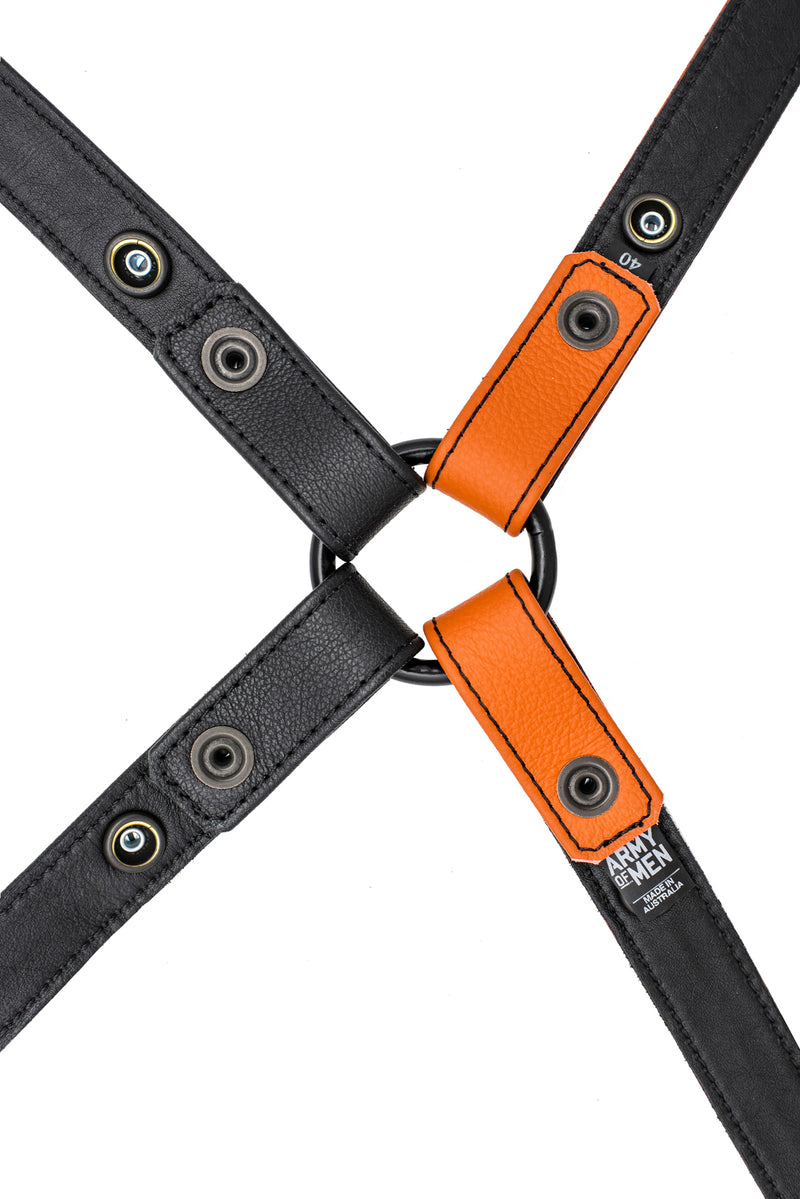 Orange leather shoulder buckle harness lining back
