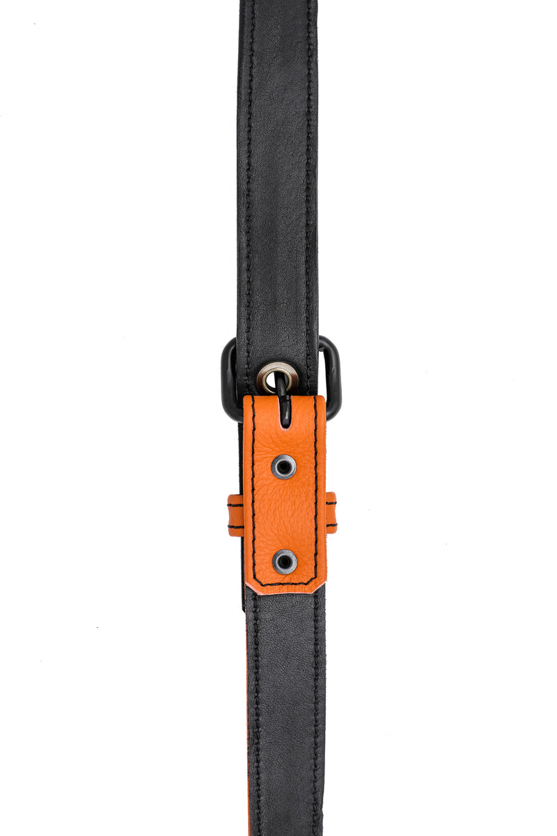Orange leather shoulder buckle harness lining front