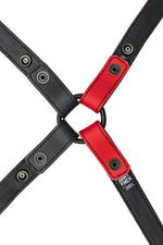 Red leather shoulder buckle harness lining back