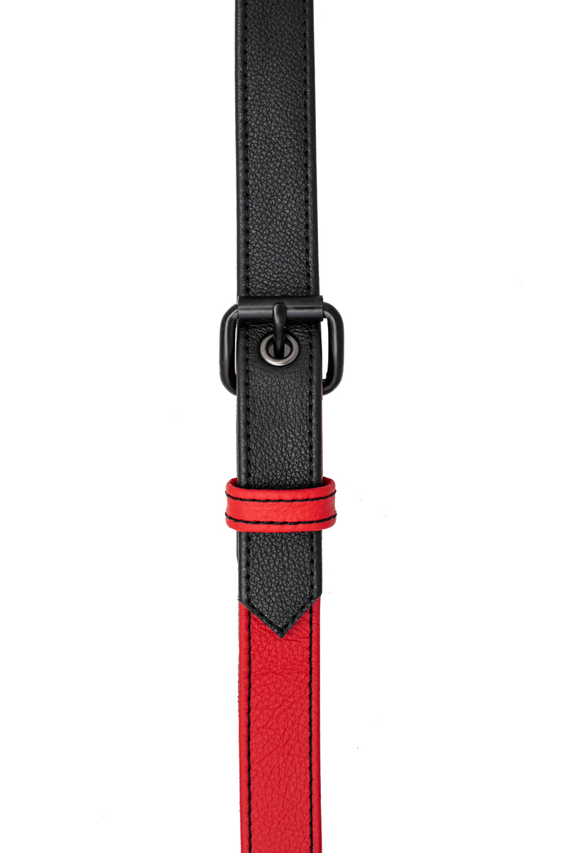 Red leather shoulder buckle harness front