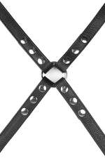 Black leather shoulder buckle harness with stainless steel hardware back view