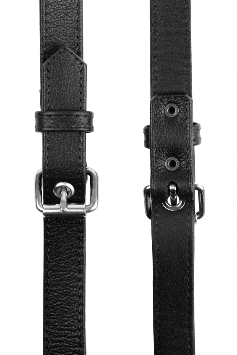 Black leather shoulder buckle harness with stainless steel hardware front view