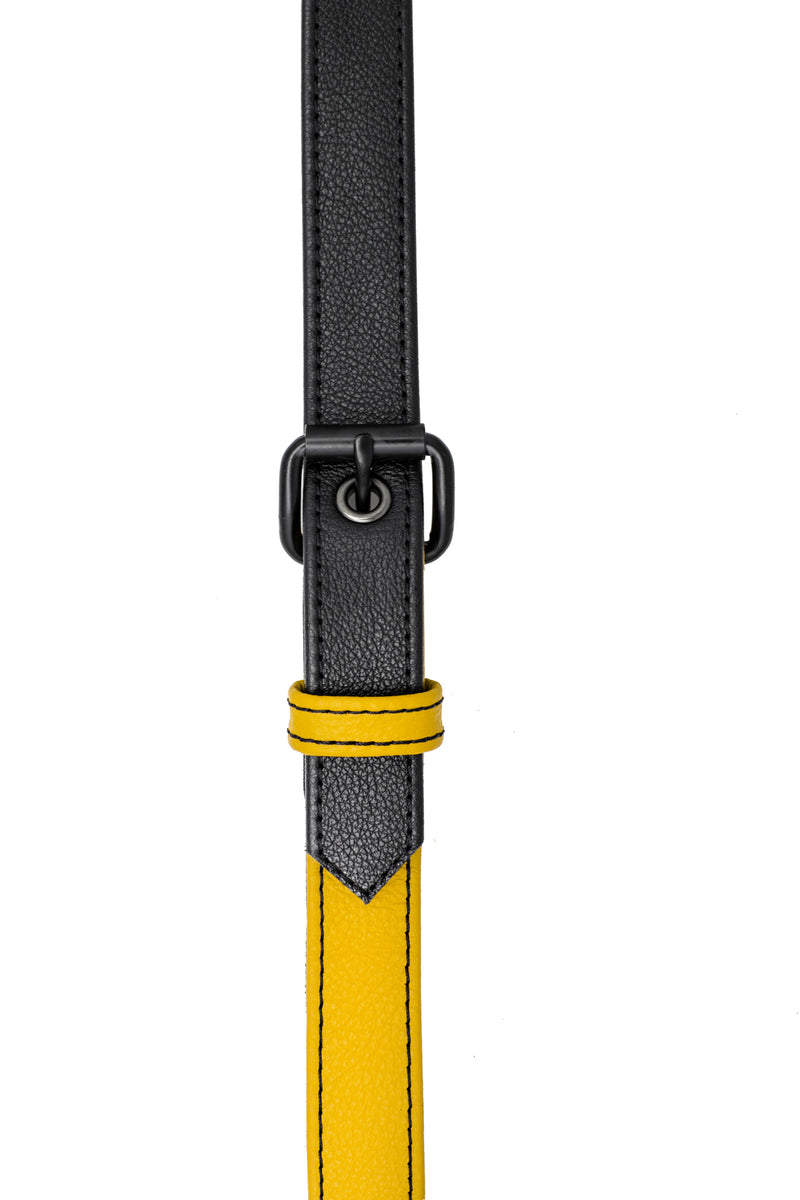 Yellow leather shoulder buckle harness front