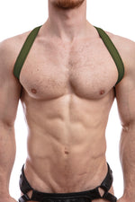 Model wearing army green leather shoulder harness front