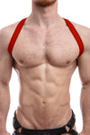 Model wearing red leather shoulder harness front