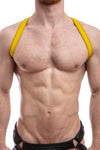 Model wearing yellow leather shoulder harness front