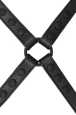 Black leather shoulder harness with matt black hardware