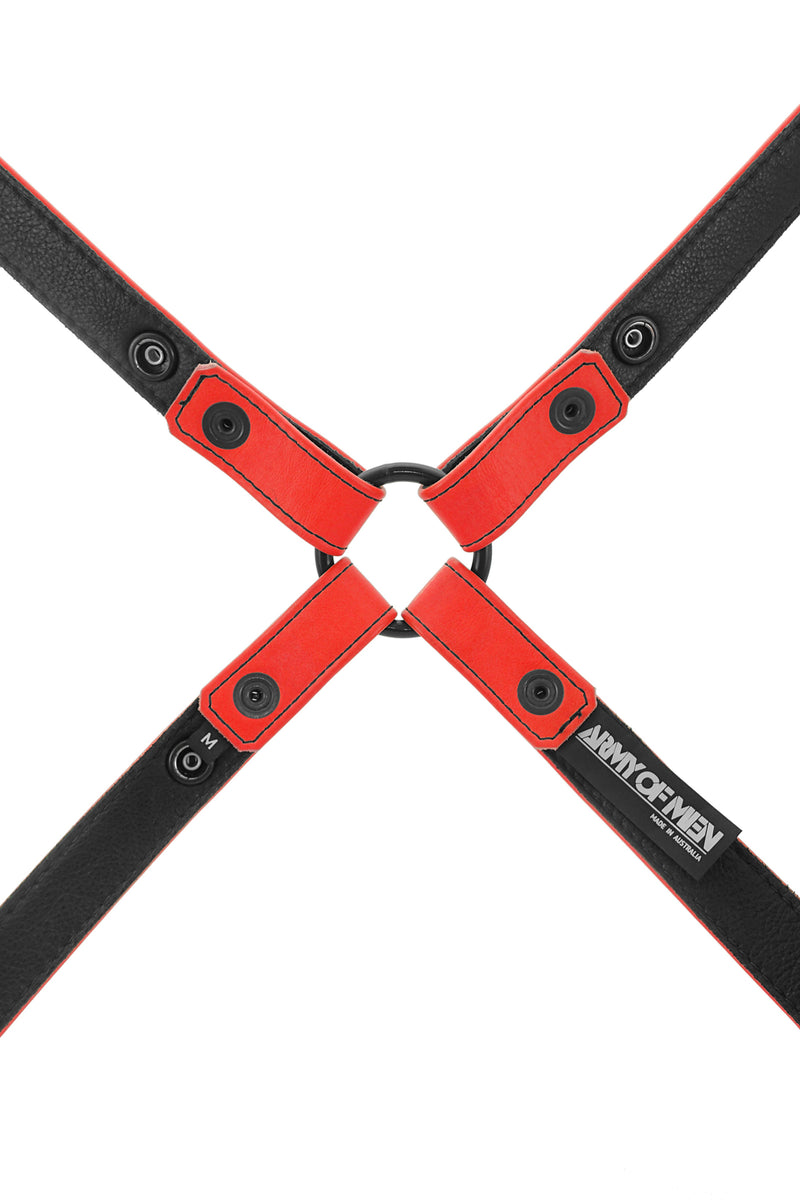 Red leather shoulder harness lining