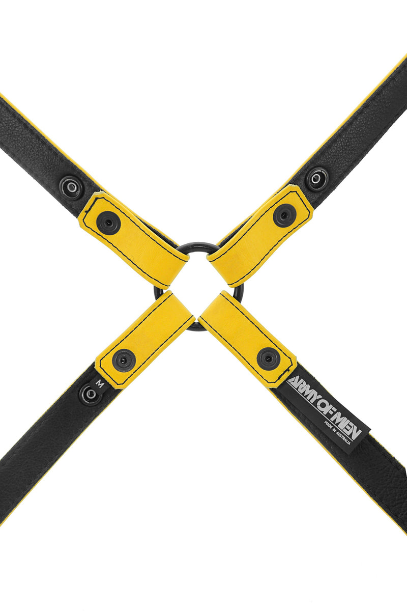 Yellow leather shoulder harness lining