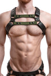 Model wearing army green leather universal x harness