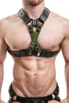 Model wearing army green leather universal x harness