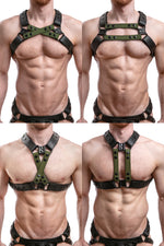Model wearing army green leather universal x harness