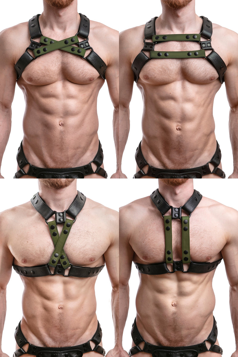 Model wearing army green leather universal x harness