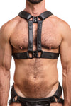 Model wearing black leather universal x harness with black metal hardware