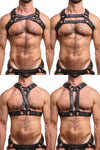 Model wearing black leather universal x harness