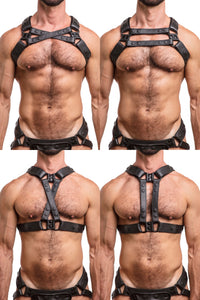 Model wearing black leather universal x harness