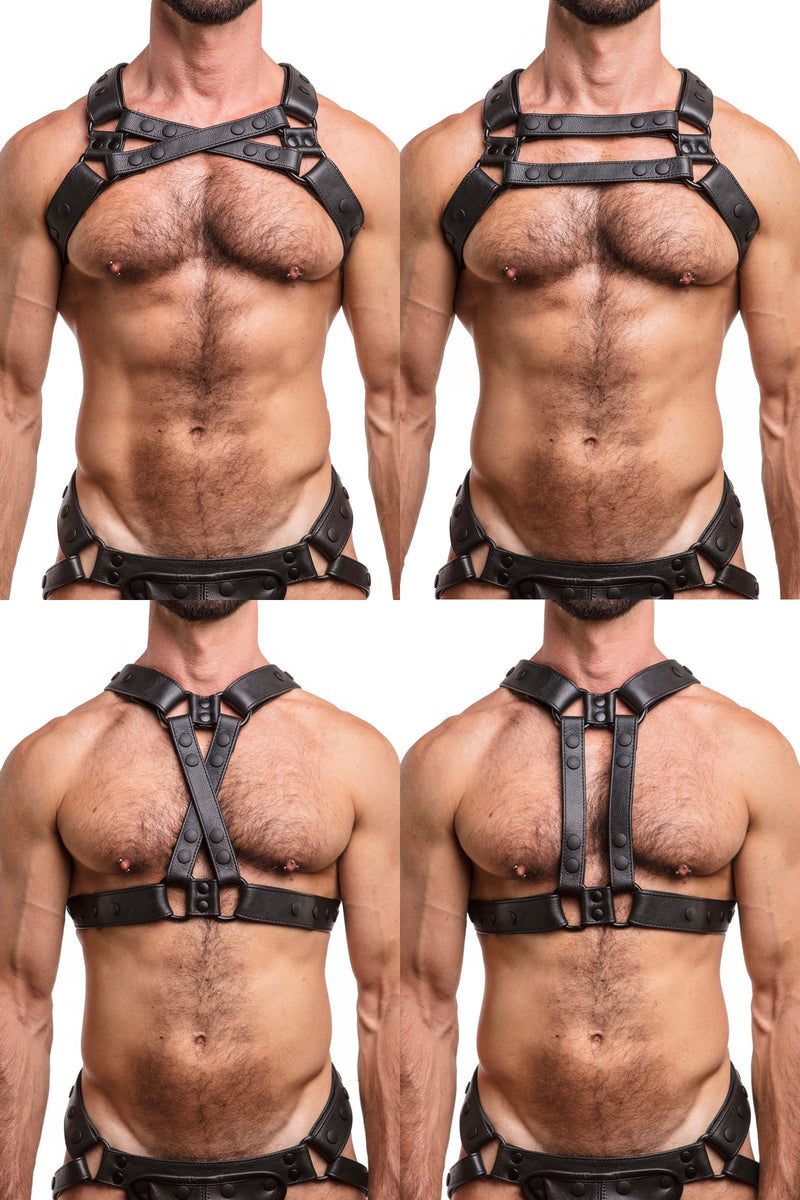 Model wearing black leather universal x harness