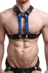 Model wearing blue leather universal x harness