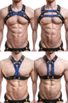 Model wearing blue leather universal x harness