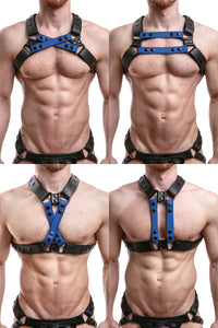 Model wearing blue leather universal x harness