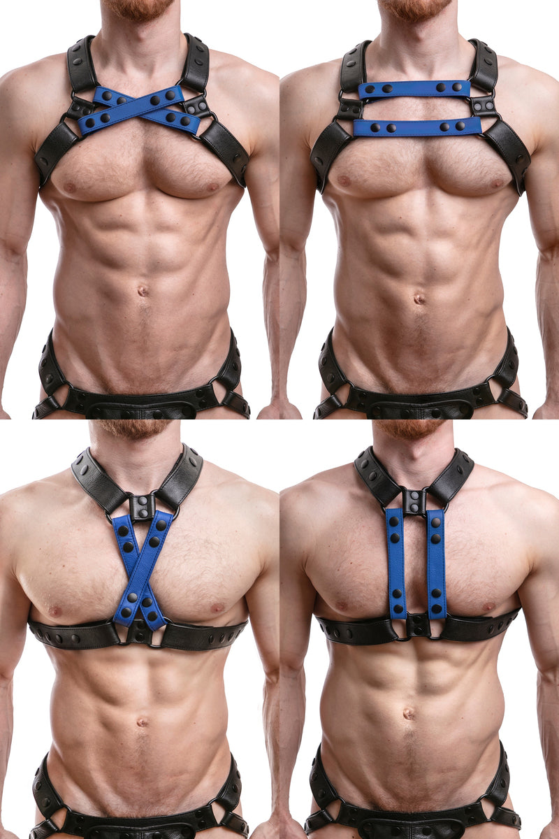 Model wearing blue leather universal x harness
