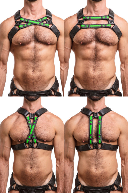 Model wearing black and fluro green leather universal x harness