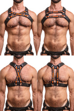 Model wearing black and fluro orange leather universal x harness