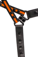 Black and fluro orange leather universal x harness 