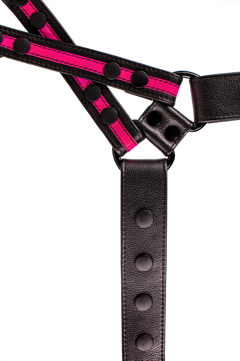 Black and fluro pink leather universal x harness