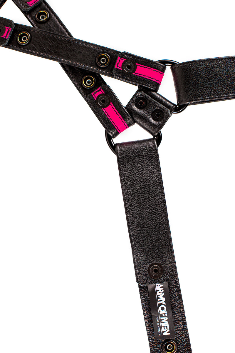 Black and fluro pink leather universal x harness lining