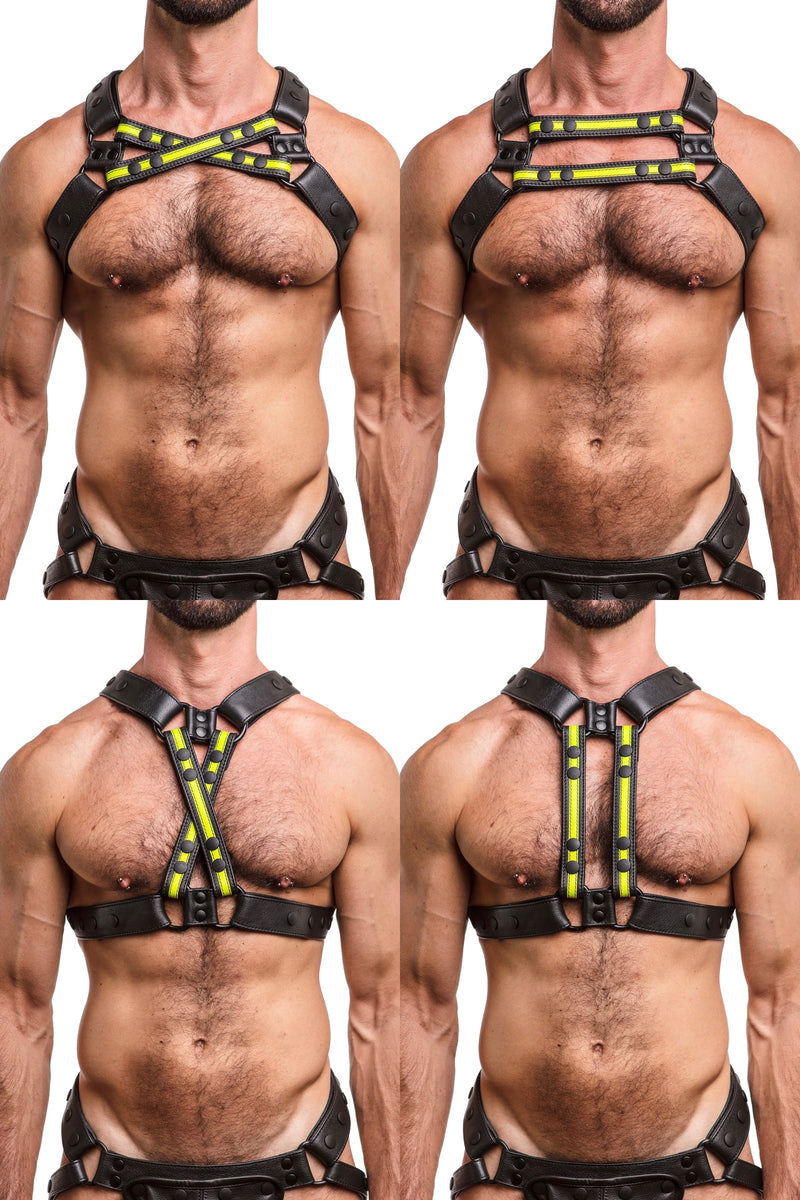 Model wearing black and fluro yellow leather universal x harness
