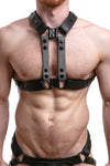 Model wearing grey leather universal x harness