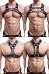 Model wearing grey leather universal x harness