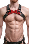Model wearing red leather universal x harness
