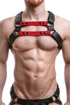 Model wearing red leather universal x harness