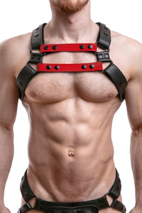 Model wearing red leather universal x harness