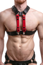 Model wearing red leather universal x harness