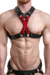 Model wearing red leather universal x harness