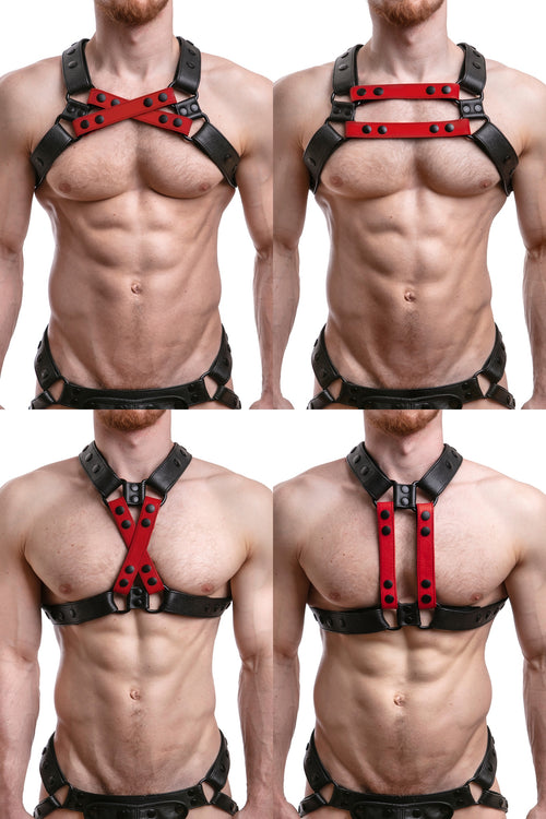 Model wearing red leather universal x harness