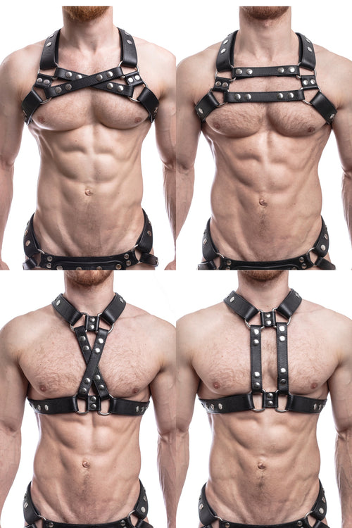 Model wearing all 4 versions of black leather universal x harness with stainless steel hardware
